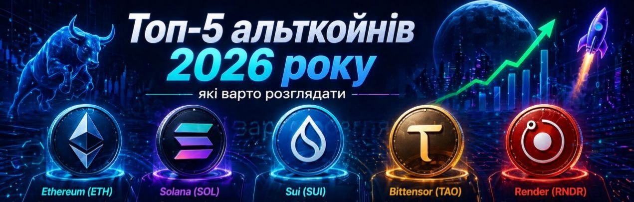 Графік розподілу портфеля криптовалют, до якого входять Топ-5 альткоїнів 2026 року для інвестування.